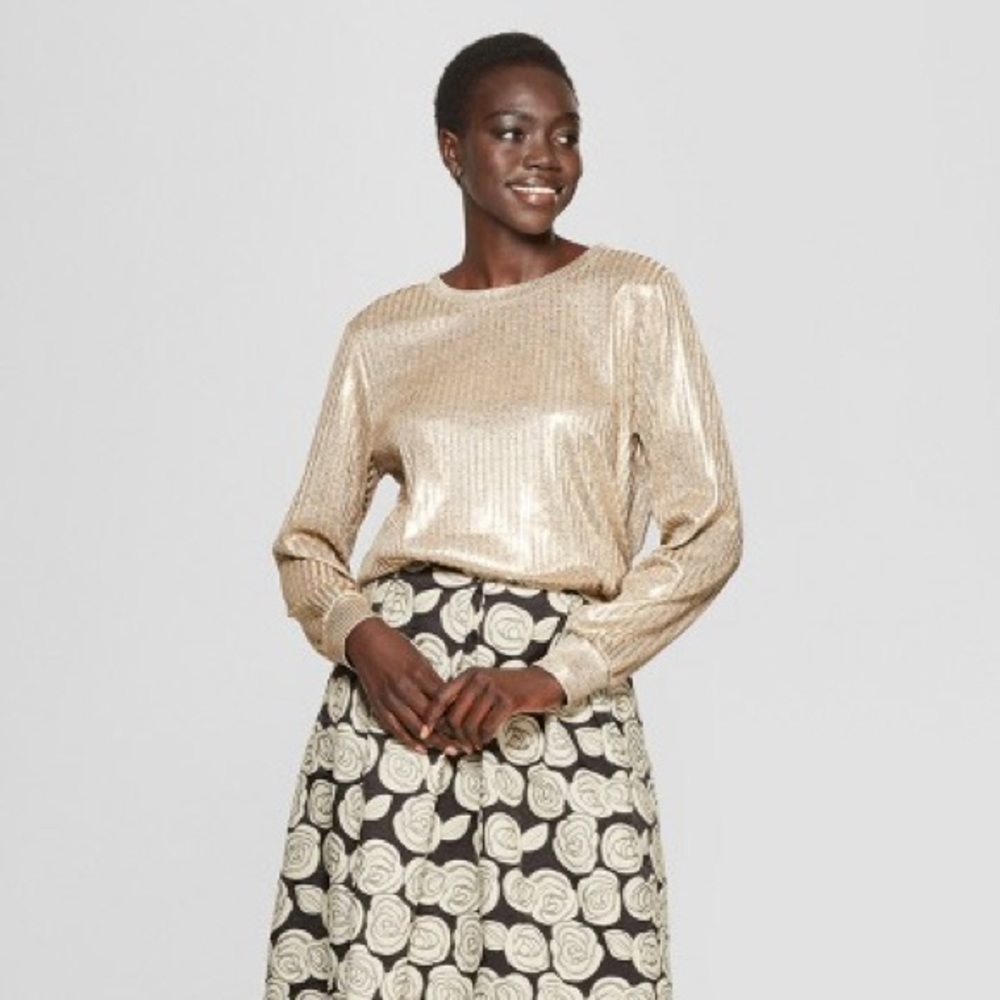 Who What Wear Long Sleeve Metallic Gold Pullover